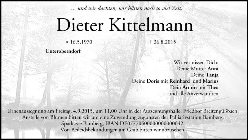  Traueranzeige für Dieter Kittelmann vom 03.09.2015 aus MGO