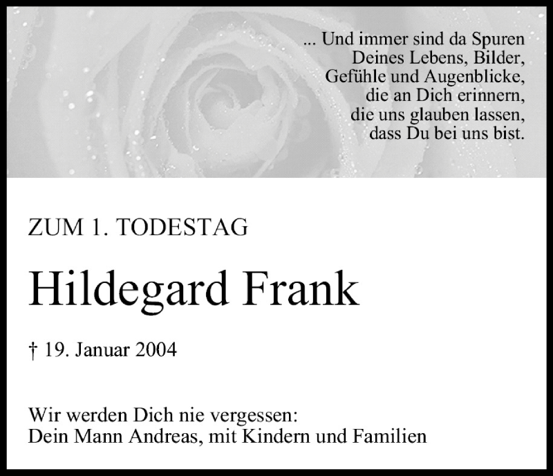  Traueranzeige für Hildegard Frank vom 19.01.2005 aus MGO