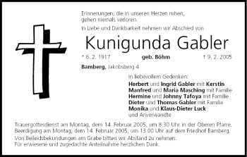 Anzeige von Kunigunda Gabler von MGO