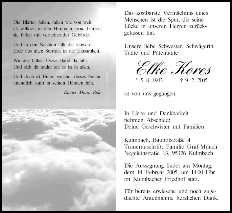  Traueranzeige für Elke Kores vom 12.02.2005 aus MGO