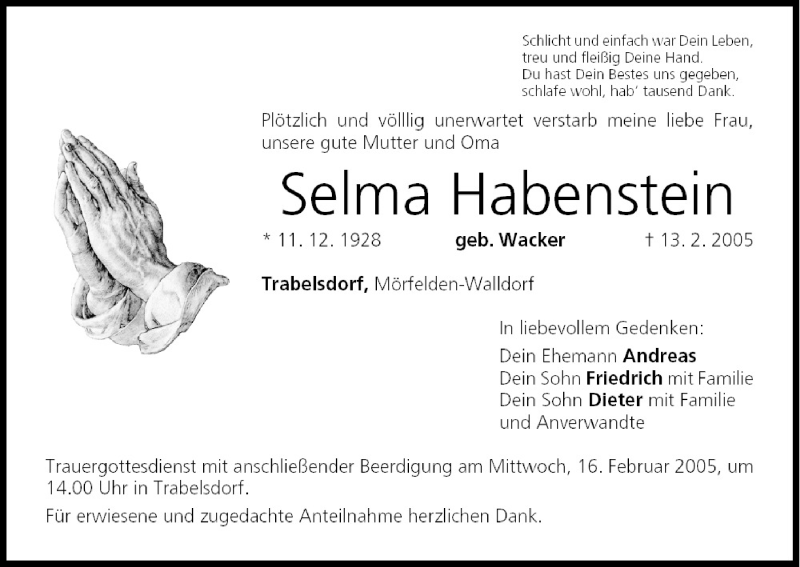  Traueranzeige für Selma Habenstein vom 15.02.2005 aus MGO