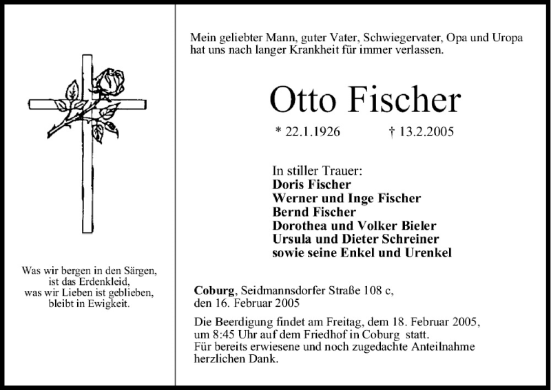  Traueranzeige für Otto Fischer vom 16.02.2005 aus MGO