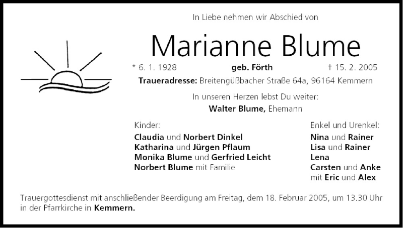  Traueranzeige für Marianne Blume vom 17.02.2005 aus MGO