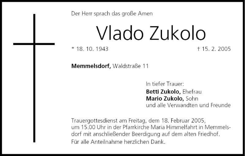  Traueranzeige für Vlado Zukolo vom 17.02.2005 aus MGO