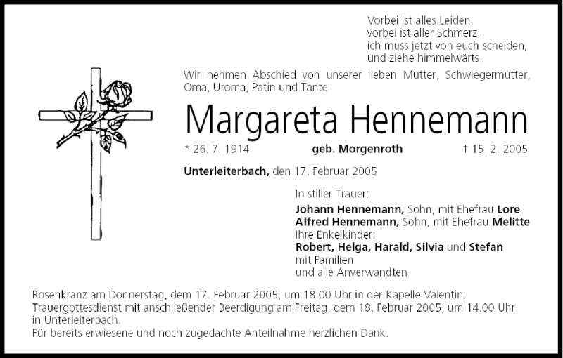  Traueranzeige für Margareta Hennemann vom 17.02.2005 aus MGO