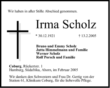 Anzeige von Irma Scholz von MGO