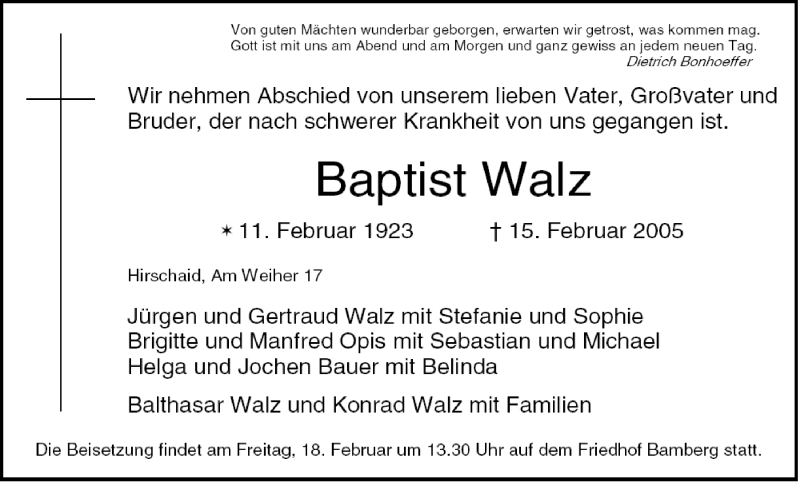  Traueranzeige für Baptist Walz vom 17.02.2005 aus MGO