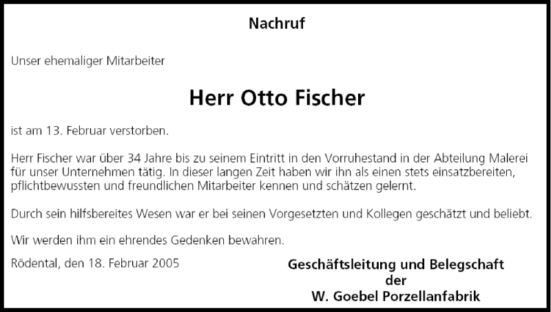  Traueranzeige für Otto Fischer vom 18.02.2005 aus MGO