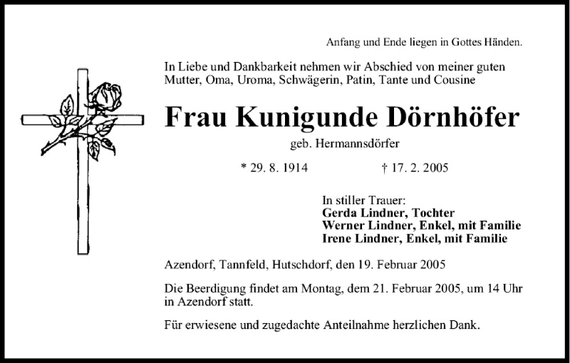  Traueranzeige für Kunigunde Dörnhöfer vom 19.02.2005 aus MGO