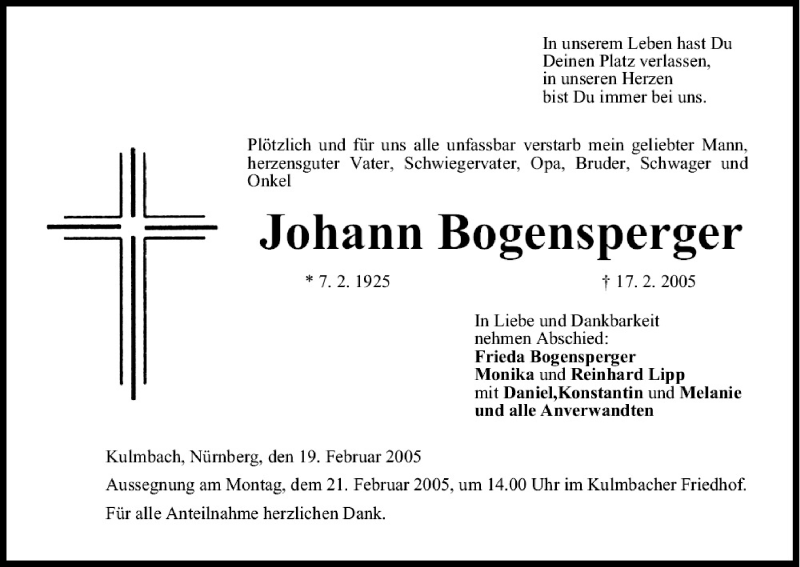  Traueranzeige für Johann Bogensperger vom 19.02.2005 aus MGO