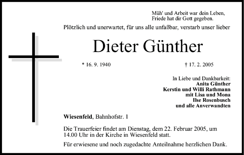  Traueranzeige für Dieter Günther vom 19.02.2005 aus MGO
