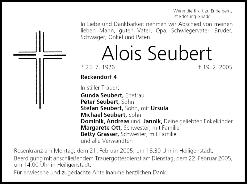  Traueranzeige für Alois Seubert vom 21.02.2005 aus MGO