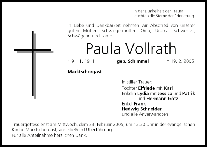  Traueranzeige für Paula Vollrath vom 21.02.2005 aus MGO