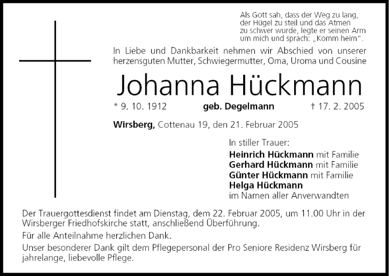  Traueranzeige für Johanna Hückmann vom 21.02.2005 aus MGO