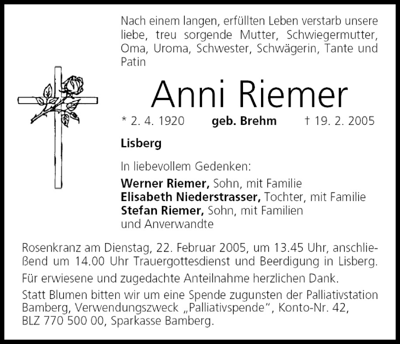  Traueranzeige für Anni Riemer vom 21.02.2005 aus MGO