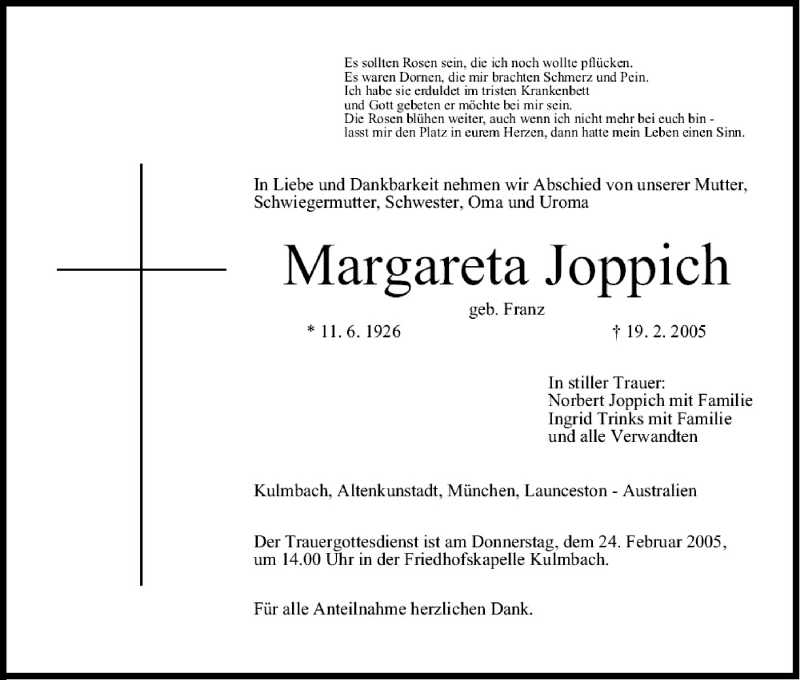 Traueranzeige für Margareta Joppich vom 22.02.2005 aus MGO
