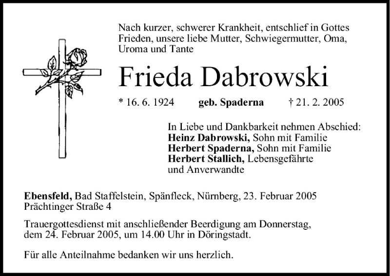  Traueranzeige für Frieda Dabrowski vom 23.02.2005 aus MGO