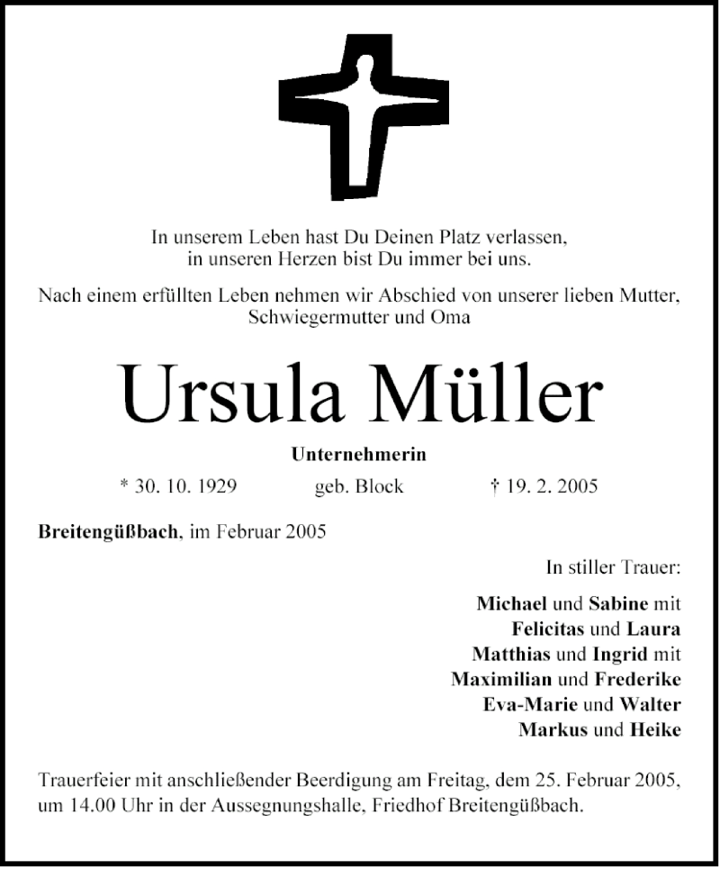  Traueranzeige für Ursula Müller vom 23.02.2005 aus MGO