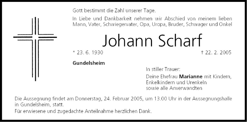  Traueranzeige für Johann Scharf vom 23.02.2005 aus MGO
