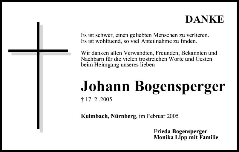  Traueranzeige für Johann Bogensperger vom 24.02.2005 aus MGO