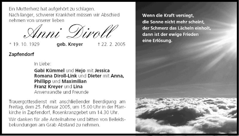  Traueranzeige für Anni Diroll vom 24.02.2005 aus MGO