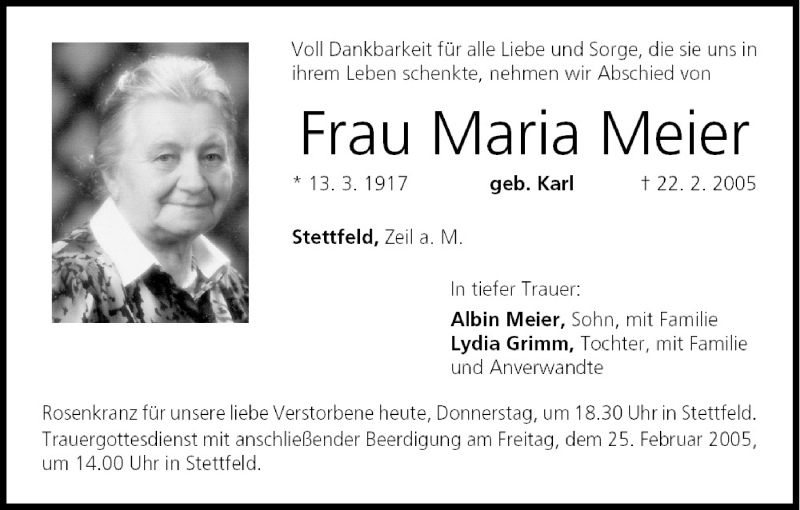  Traueranzeige für Maria Meier vom 24.02.2005 aus MGO