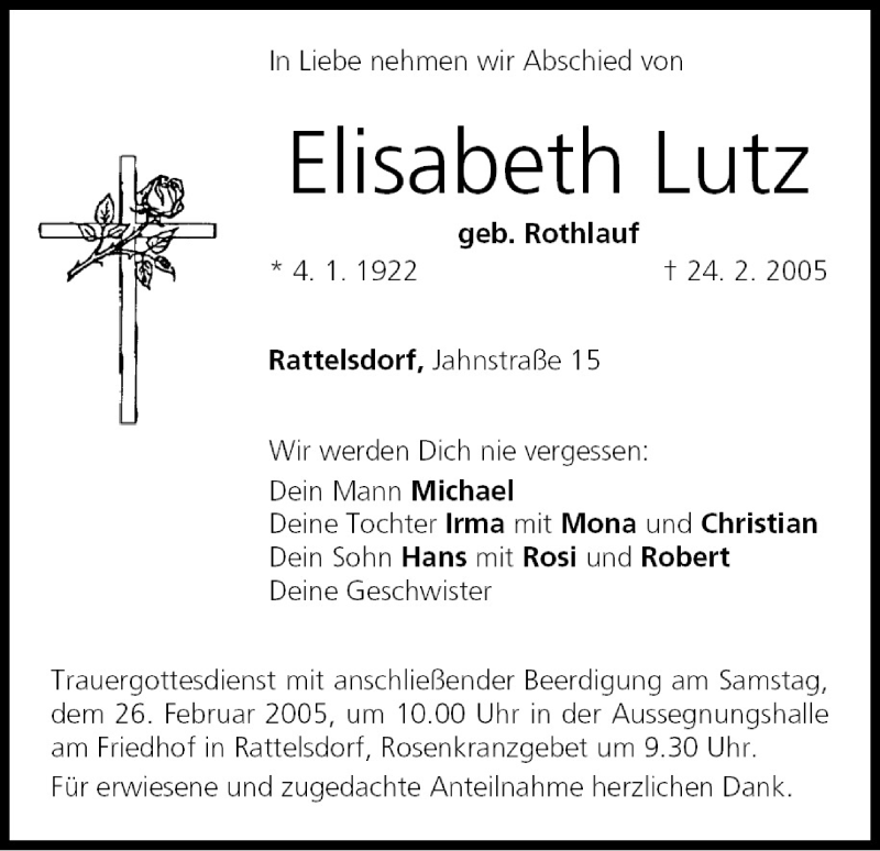  Traueranzeige für Elisabeth Lutz vom 25.02.2005 aus MGO