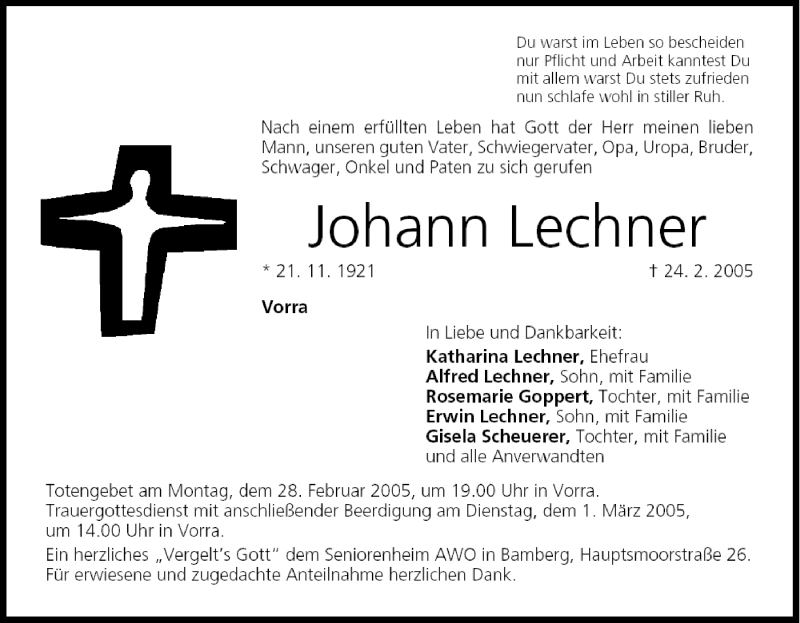  Traueranzeige für Johann Lechner vom 26.02.2005 aus MGO