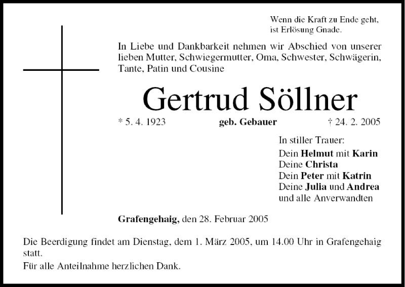  Traueranzeige für Gertrud Söllner vom 28.02.2005 aus MGO