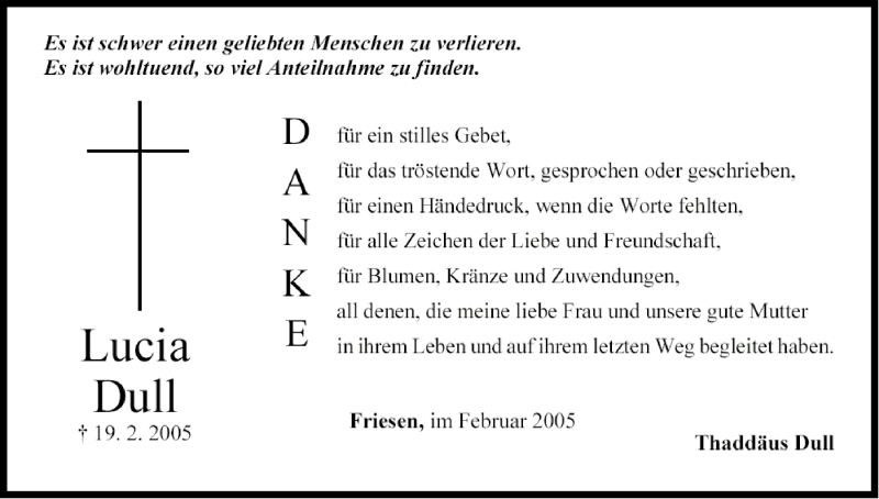  Traueranzeige für Lucia Dull vom 01.03.2005 aus MGO