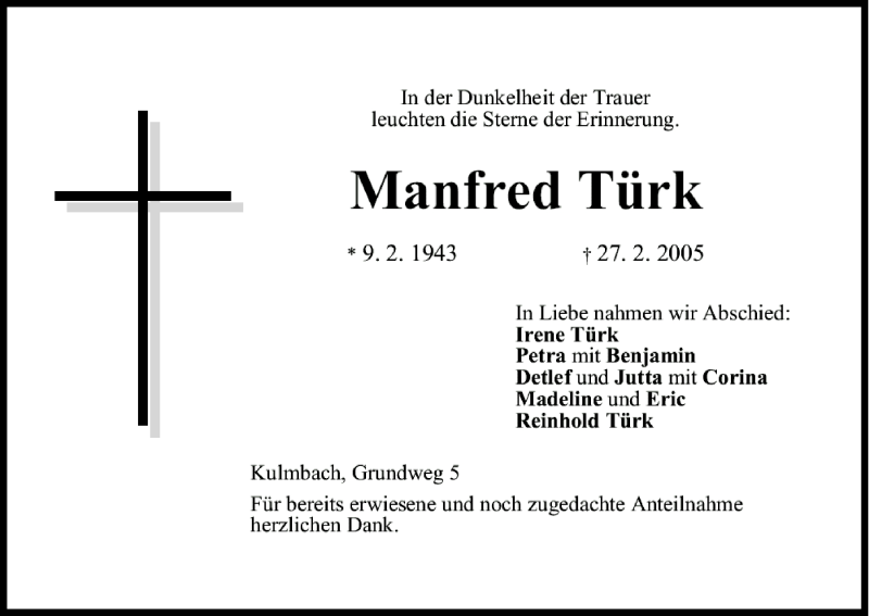  Traueranzeige für Manfred Türk vom 03.03.2005 aus MGO