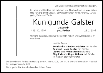 Anzeige von Kunigunda Galster von MGO