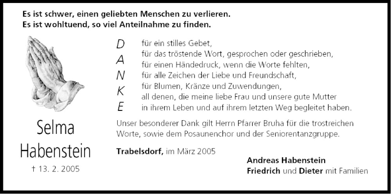  Traueranzeige für Selma Habenstein vom 05.03.2005 aus MGO