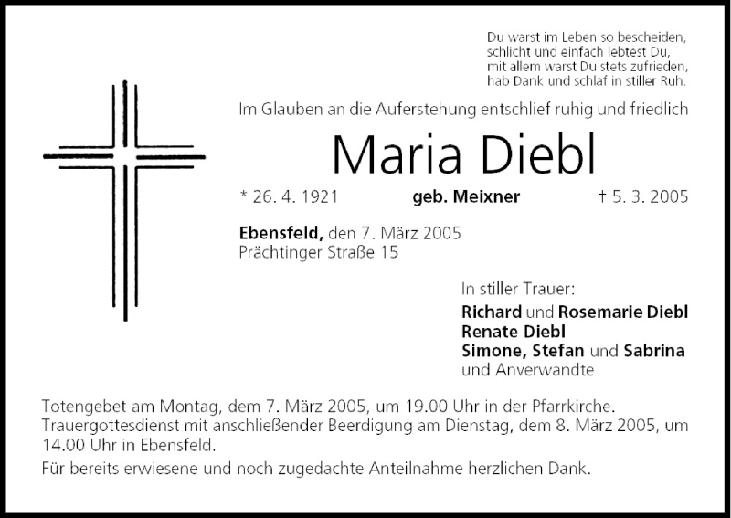  Traueranzeige für Maria Diebl vom 07.03.2005 aus MGO