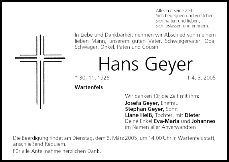  Traueranzeige für Hans Geyer vom 07.03.2005 aus MGO