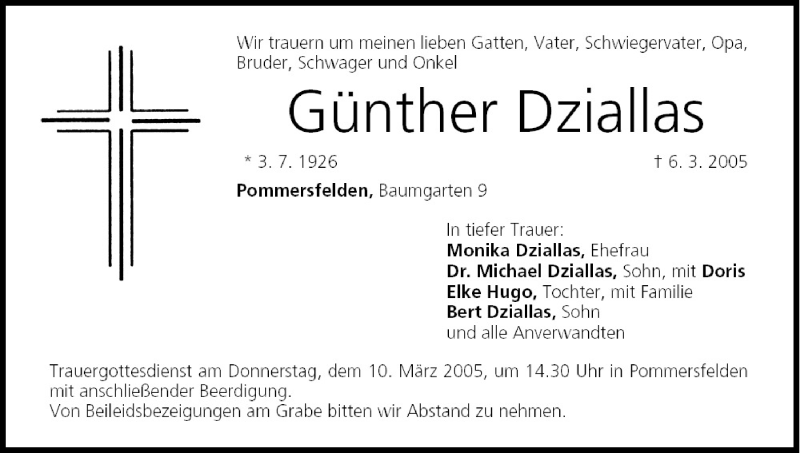  Traueranzeige für Günther Dziallas vom 08.03.2005 aus MGO
