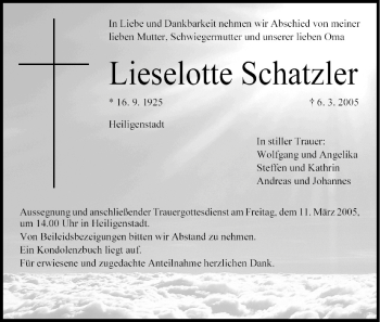 Anzeige von Lieselotte Schatzler von MGO
