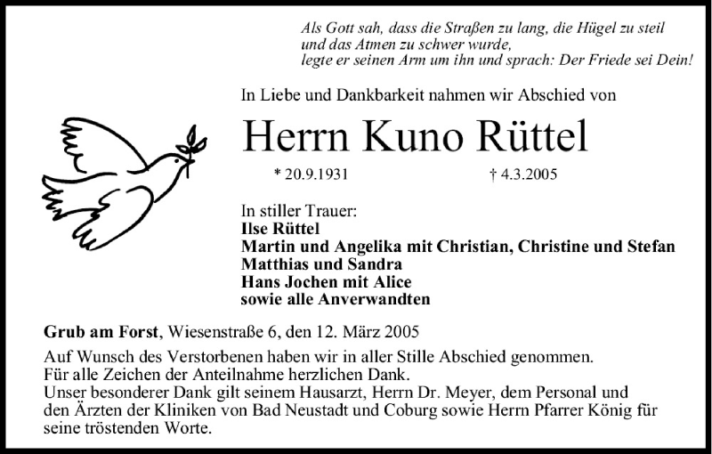  Traueranzeige für Kuno Rüttel vom 12.03.2005 aus MGO