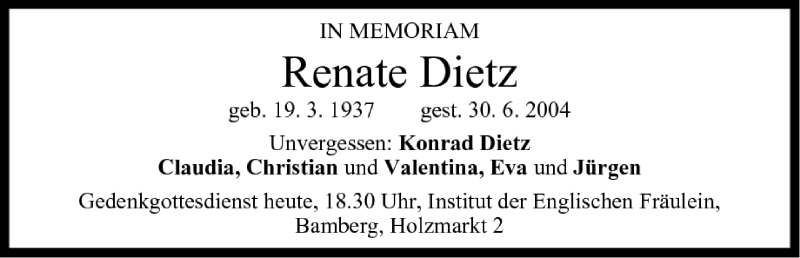  Traueranzeige für Renate Dietz vom 30.06.2005 aus MGO