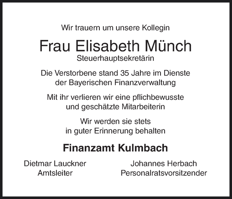  Traueranzeige für Elisabeth Münch vom 29.08.2015 aus MGO