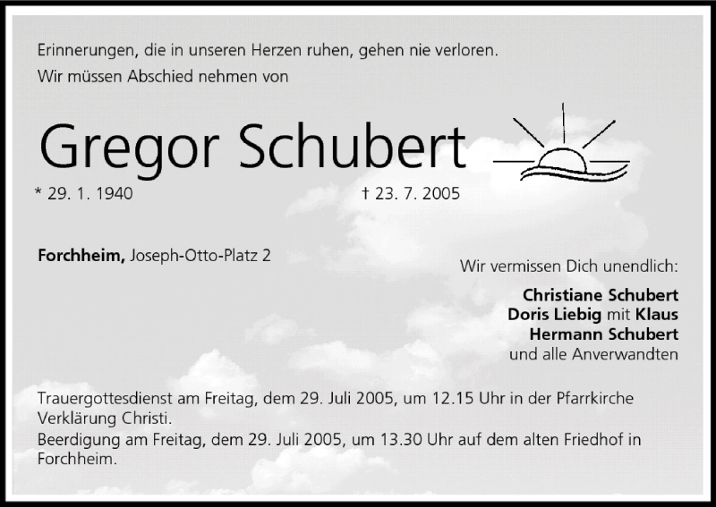  Traueranzeige für Gregor Schubert vom 27.07.2005 aus MGO