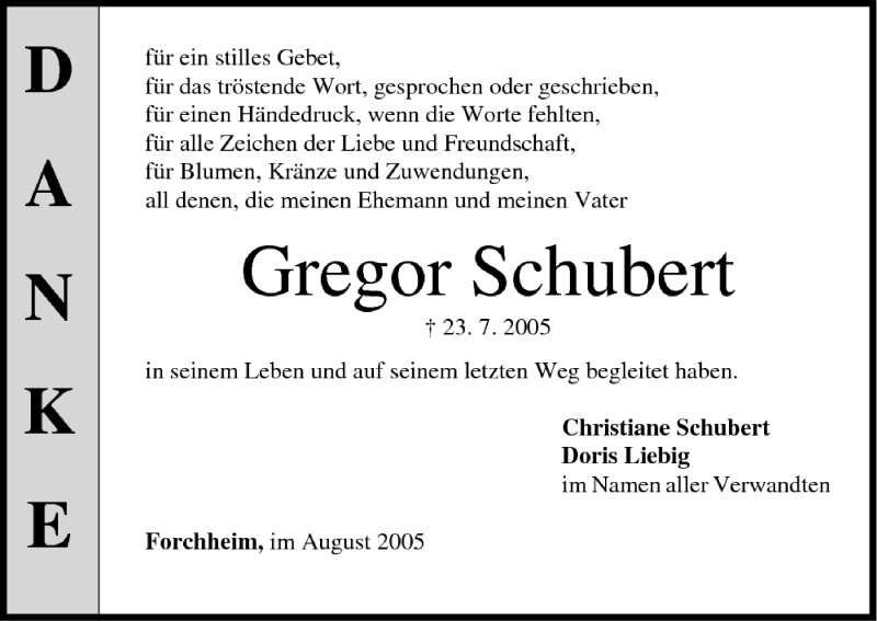  Traueranzeige für Gregor Schubert vom 13.08.2005 aus MGO