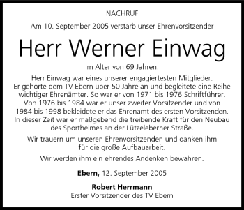 Anzeige von Werner Einwag von MGO
