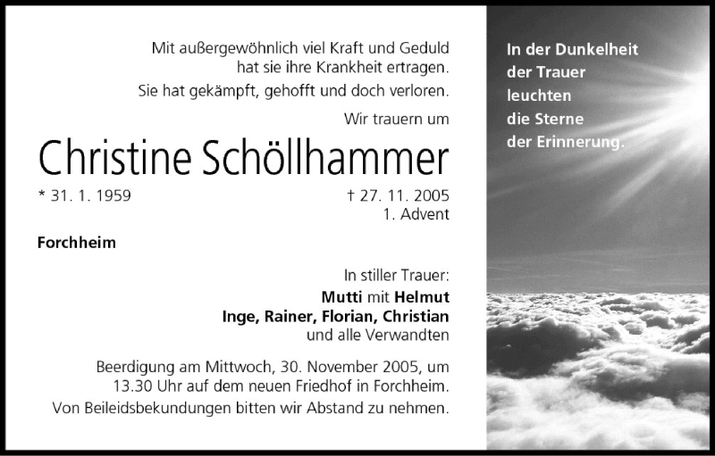  Traueranzeige für Christine Schöllhammer vom 29.11.2005 aus MGO