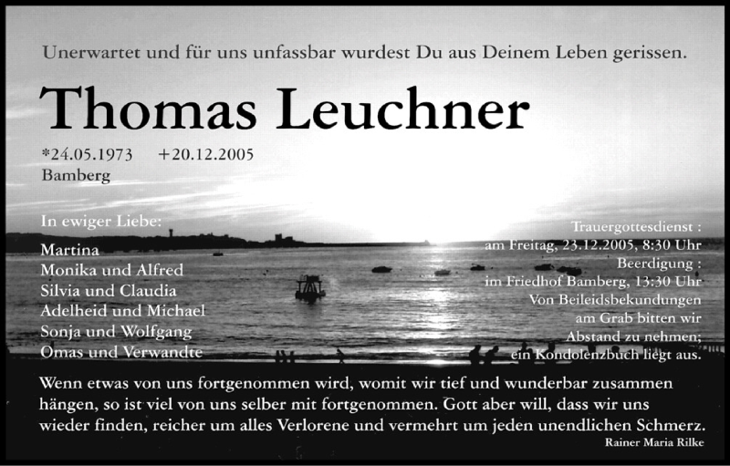  Traueranzeige für Thomas Leuchner vom 22.12.2005 aus MGO