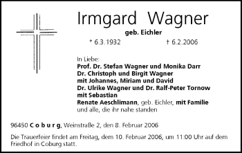Anzeige von Irmgard Wagner von MGO
