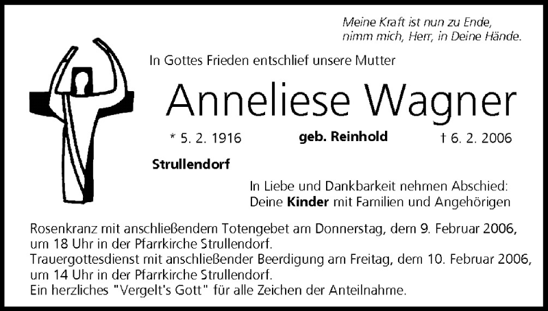  Traueranzeige für Anneliese Wagner vom 08.02.2006 aus MGO
