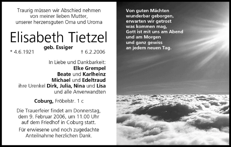  Traueranzeige für Elisabeth Tietzel vom 08.02.2006 aus MGO