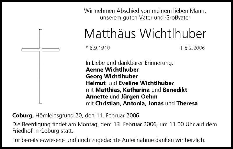  Traueranzeige für Matthäus Wichtlhuber vom 11.02.2006 aus MGO