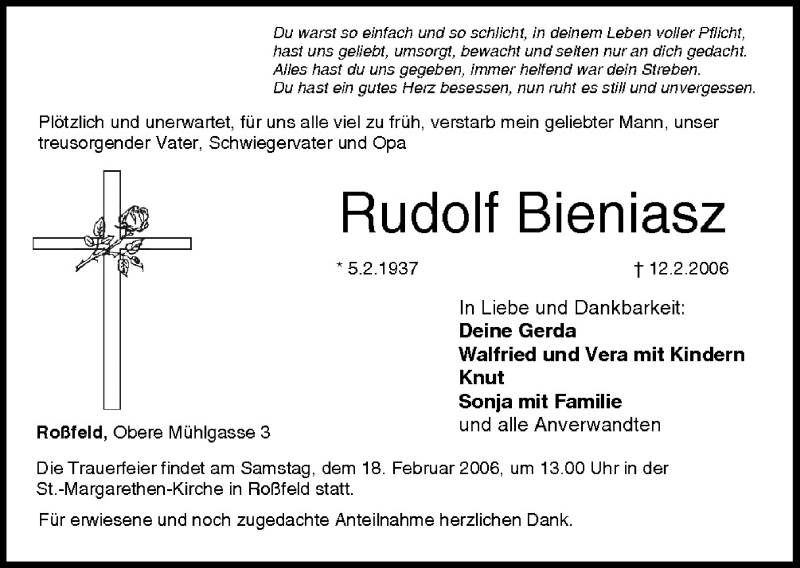  Traueranzeige für Rudolf Bieniasz vom 14.02.2006 aus MGO